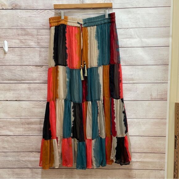 JOHN MARK TIERED COLOR BLOCK MAXI SKIRT - Picture 1 of 7